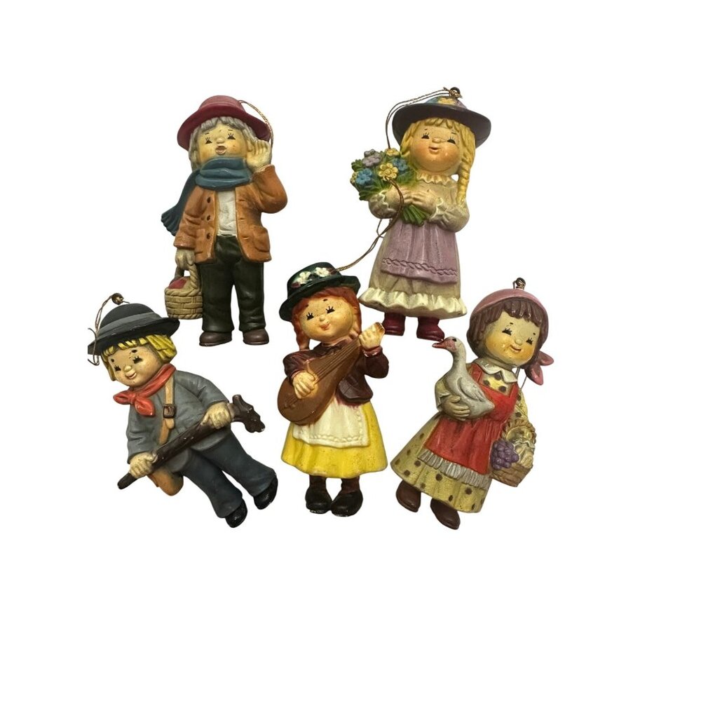 Vintage Bradford Boy & Girl‎ 5 Figurine Ornaments With Hats & Accessories 80s